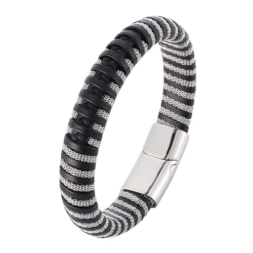 Aotiwe Herrenarmband Leder Schwarz, Armband Herren Geflochten Armreif aus Leder mit Schlangenmaserung aus Stahlgeflecht Herrenarmbänder 18.5cm von Aotiwe