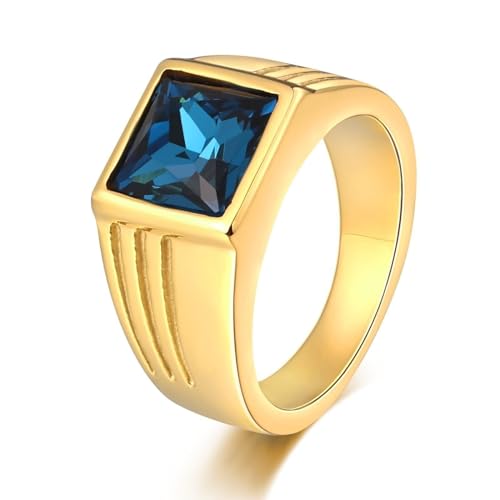 Aotiwe Herrenringe Gold, Promise Ring For Men Quadrat Ringe Herren für Dünne Finger mit Blau Rechteckschliff Zirkonia Edelstahl Größe 62 (19.7) von Aotiwe