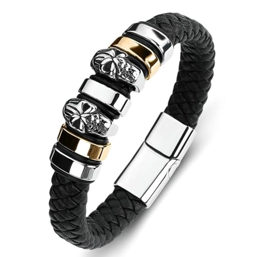 Aotiwe Leder Armband Herren Schwarz, Armreif Vintage Schädel Men Bracelet 20cm Lustige Geschenke von Aotiwe