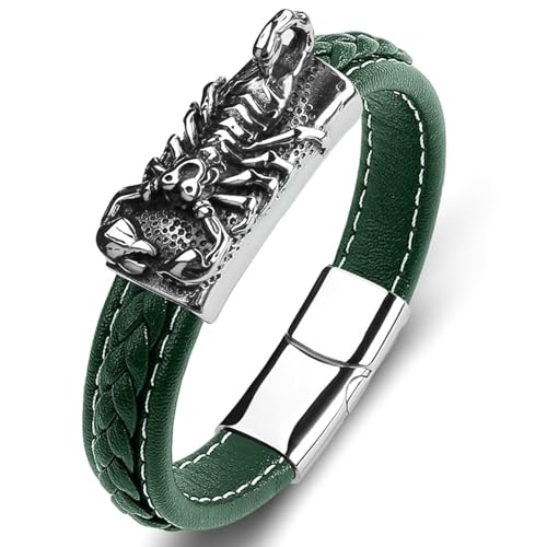 Aotiwe Lederarmband Herr Set, Herren Armband Kette Skorpion Grün Armbänder für Männer 18.5cm von Aotiwe