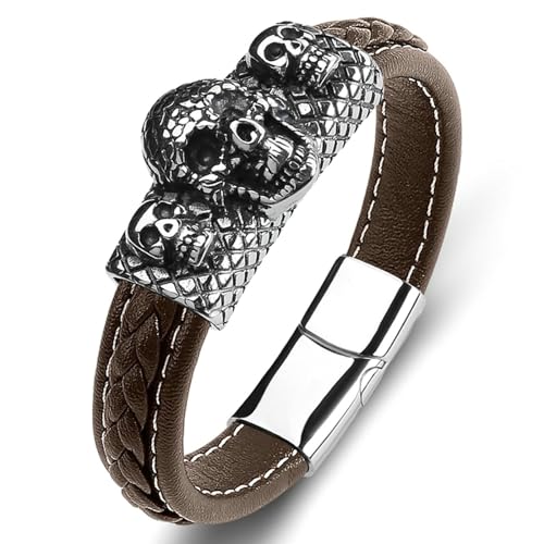 Aotiwe Lederarmband Herren Braun, Männer Armband Geflochten Schädel Bracelet Herren 18.5cm von Aotiwe