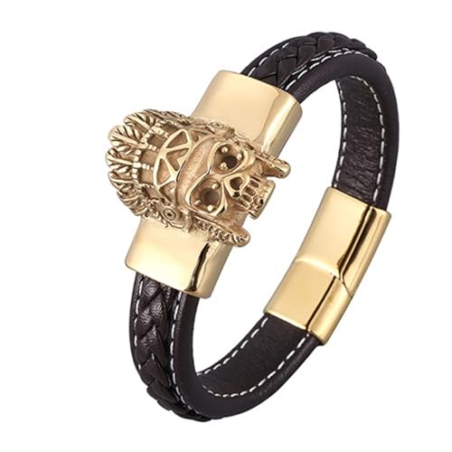 Aotiwe Lederarmband Herren Einfach, Armband Herren Gold Lederarmreif mit Totenkopf Magnetschnalle Braun Armband Mann Dünn 20.5cm von Aotiwe