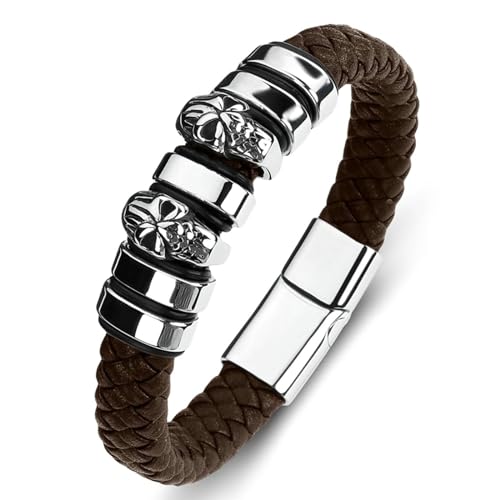 Aotiwe Lederarmband Herren Einfach, Bracelet Vintage Schädel Braun Geflochtenes Armband für Männer 20cm von Aotiwe