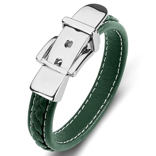 Aotiwe Lederarmband Herren Einfach, Brautvater Armband Gürtelschnalle Silber Grün Herren Armbänder Dünn 16.5cm von Aotiwe