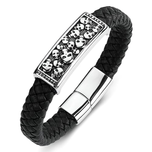 Aotiwe Lederarmband Herren Set, Bracelet Vintage Schädel Schwarz Armband für Männer 18.5cm von Aotiwe
