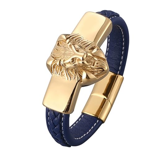 Aotiwe Männer Armband, Armbänder Gold Löwenkopf Lederarmreif Blau Bracelet Men Pu Leder 20.5cm von Aotiwe