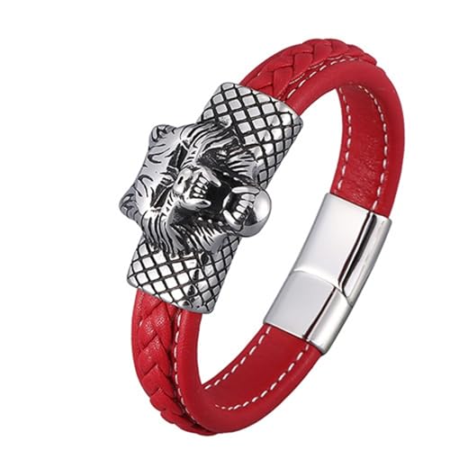 Aotiwe Matching Bracelets, Armband für Männer Silber Wolfskopf Lederarmreif Rot Armreif Herren Pu Leder 18.5cm von Aotiwe
