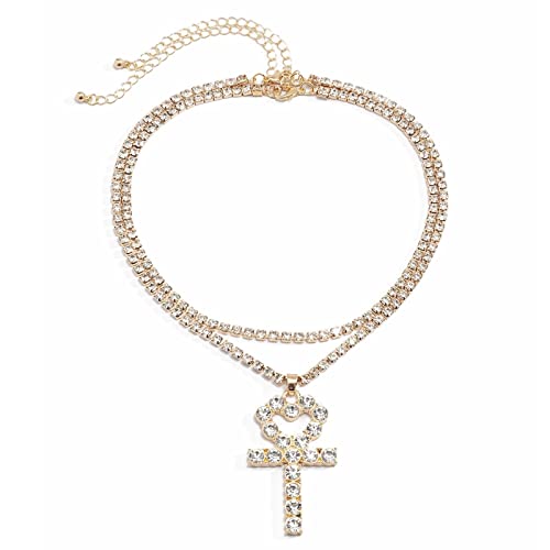 Aotiwe Mehrreihige Halskette Damen, Rapper Kette Herz Kreuz Gold mit Zirkonia Vergoldet 45 cm Hochzeitstag Geschenke für Frauen von Aotiwe