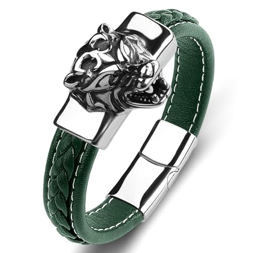 Aotiwe Mens Bracelet, Herren Armband Breit Tigerkopf Grün Armbänder für Herren Set Pu Leder 20cm von Aotiwe