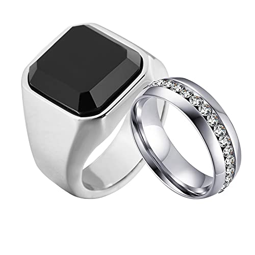 Aotiwe Paar Partnerringe Silber Ringe Runder Quadratischer Zirkonia, Weiß Schwarz Rostfreier Stahl Damen 57 (18.1) & Herren 62 (19.7) von Aotiwe
