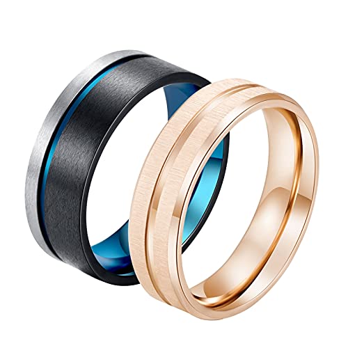 Aotiwe Paare Eheringe Roségold Schwarz Blau Ringe Gebürsteter Schliff, Rostfreier Stahl Damen 60 (19.1) & Herren 62 (19.7) von Aotiwe