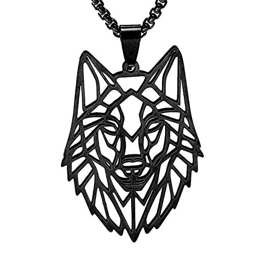 Aotiwe Punk Halskette Herren, Keltischer Schmuck Herren Edelstahlhalskette Männer Schwarz Wolf Kopf Schmuck Wikinger 33mm*46mm von Aotiwe