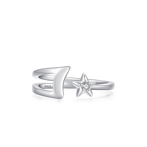 Aotiwe Ring Damen Offen, Ringe Frauen Set Silber Verstellbare Kette mit Stern und Mond mit Rundschliff Weiß Zirkonia 925 Silber von Aotiwe
