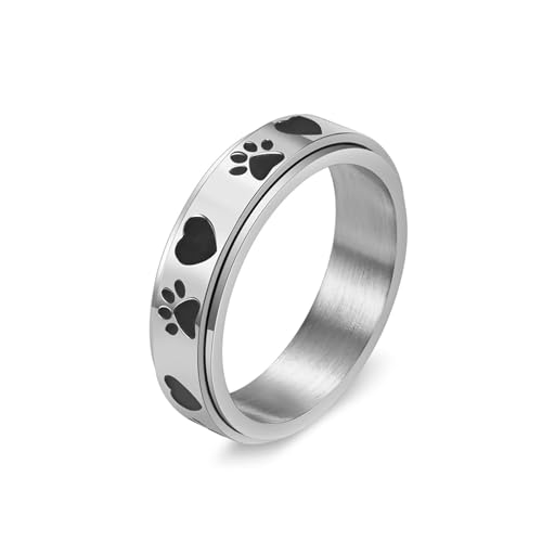 Aotiwe Ring Frauen Silber, Ring Edelstahl Set Angst Spinner Ring, 6mm, Fußabdruck Herz Schwarz Ringe für Damen Größe 54 (17.2) von Aotiwe