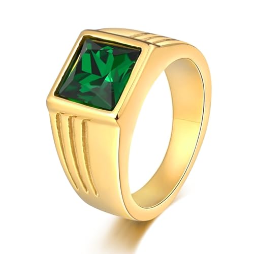 Aotiwe Ring Gold, D Ring Edelstahl Quadrat Ringe Herren für Dünne Finger mit Grün Rechteckschliff Zirkonia Größe 62 (19.7) von Aotiwe