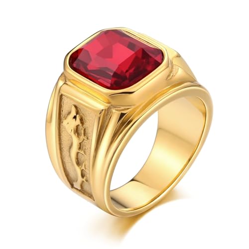 Aotiwe Ring Gold, Ring Edelstahl Hochzeit Rechteckiger Drache Promise Ring Man mit Rot Quadratschliff Zirkonia Größe 62 (19.7) von Aotiwe