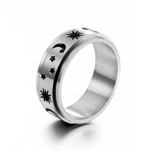 Aotiwe Ring Herren Silber Dünn, Ringe Herren für Dünne Finger Spinner mit Mond Sterne Muster Eheringe Edelstahl Größe 60 (19.1) von Aotiwe