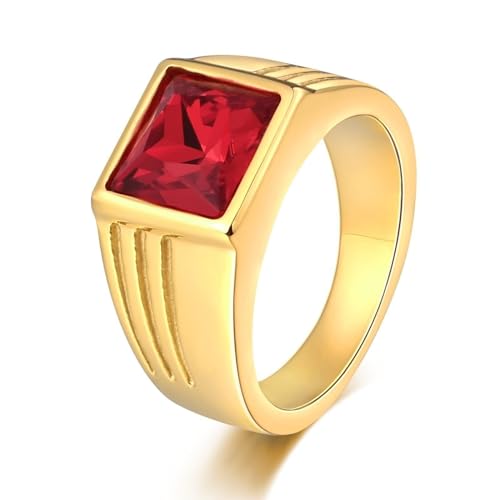 Aotiwe Ring Men Gold, Edelstahl Ringe Ehe Quadrat Ring Herren Verlobung mit Rot Rechteckschliff Zirkonia Größe 57 (18.1) von Aotiwe