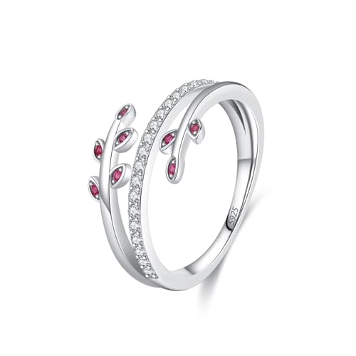 Aotiwe Ringe Frauen Silber 925, Silber Ringe Retro Mehrschichtige Linien mit Blättern mit Rundschliff Weiß Rot Zirkonia Größe 54 (17.2) von Aotiwe
