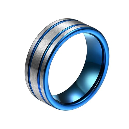 Aotiwe Statement Ring, Boho Ringe Linien Matt Gebürstet 8mm Polierte Nut Blau Ringe Herren für Dünne Finger Wolfram Größe 60 (19.1) von Aotiwe