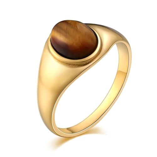 Aotiwe Statement Ring Gold, Edelstahlringe Herren Set Ovale Form Promise Ring Man mit Braun Zirkonia Größe 57 (18.1) von Aotiwe