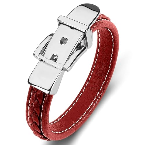 Aotiwe Uniqal Lederarmband, Armband Herren Geflochten Gürtelschnalle Silber Rot Armreif Männer 16.5cm von Aotiwe