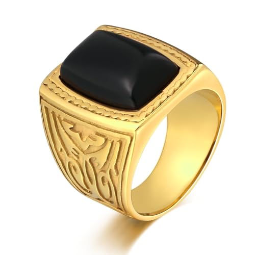 Aotiwe Verlobungsring Herren Gold, Verlobungsring Vintage Totem Ring Herren Daumen mit Schwarz Rechteckschliff Opal Edelstahl Größe 62 (19.7) von Aotiwe