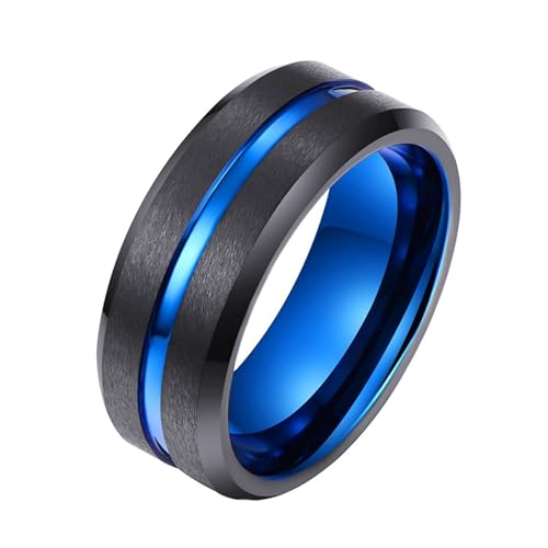 Aotiwe Verlobungsring für Männer, Ring Schlicht Matt Gebürstete 8mm Polierte Nut Schwarz Blau Männer Ringe Wolfram Größe 70 (22.3) von Aotiwe