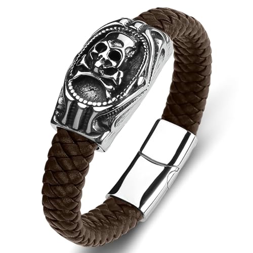 Aotiwe Zartes Armband, Armbänder für Männer Schädel Braun Herren Armband Kette Pu Leder 16.5cm von Aotiwe
