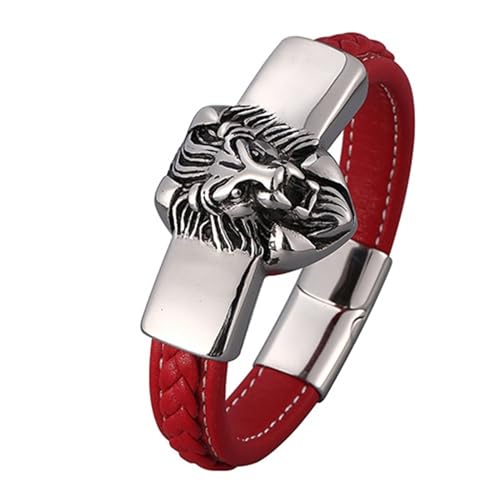 Aotiwe Zartes Armband, Armband Herren Silber Löwenkopf Lederarmreif Rot Armbänder Set Pu Leder 18.5cm von Aotiwe