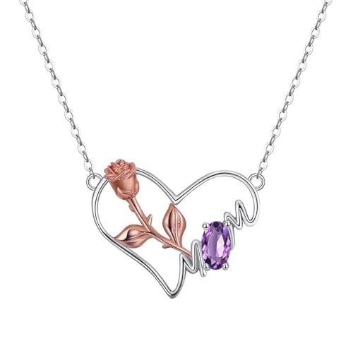 Collier Damen Set, Necklace Women Bridal Herzrose Damen Halskette Dünn Lila mit Ovalschliff Amethyst 925 Silber 45+5cm von Aotiwe