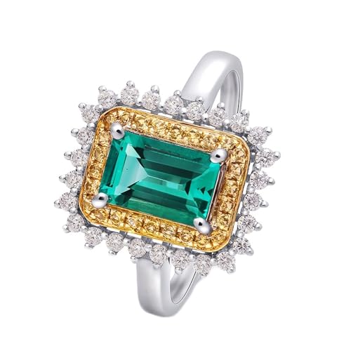 Damenring Modern, Ring Verlobung 4 Zacken Blume und Rechteck mit 3ct Smaragd und Moissanit Silber Gold Grün 14K Weißgold Größe 47 (15.0) von Aotiwe