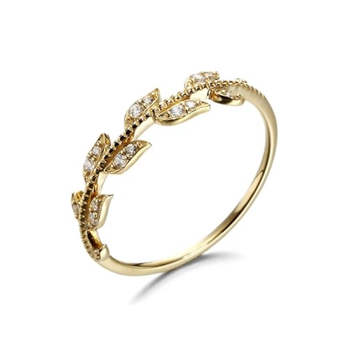 Damenring Zart Dünn, Eheringe Blatt mit Diamant 18K Gelbgold Größe 47 (15.0) Damen Geschenke Geburtstag von Aotiwe