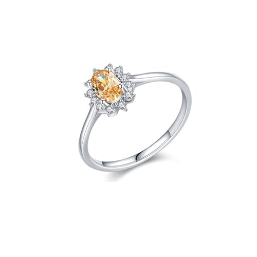 Damenring Zart Dünn, Eheringe Champagner Blume mit Champagner Ovalschliff Citrin 9K Weißgold Größe 62 (19.7) von Aotiwe