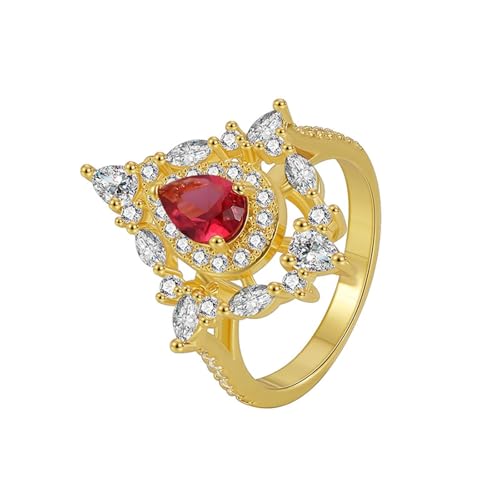 Eheringe, Fingerring Damen Set Gold Träne mit Rot im Labor Hergestellter Rubin 18K Gelbgold Größe 50 (15.9) von Aotiwe