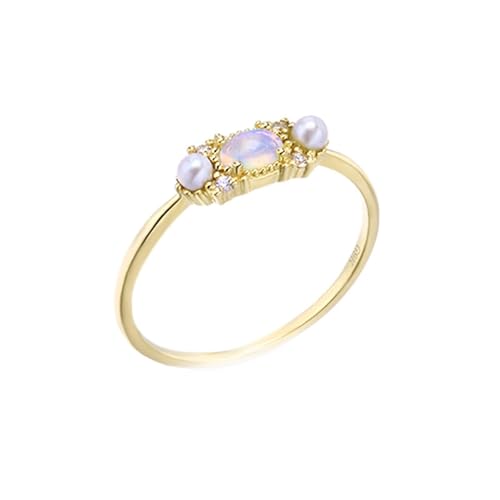 Eheringe In Gold, Heiratsantrag Ring Dünner Ovaler Opal mit Zwei Perlen 18K Gelbgold Größe 45 (14.3) von Aotiwe