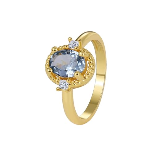 Freundschaftsringe Freundinnen, Ring Gold Vintage Elegant mit Blau Ovalschliff im Labor Hergestellter Aquamarin 18K Gelbgold Größe 50 (15.9) von Aotiwe