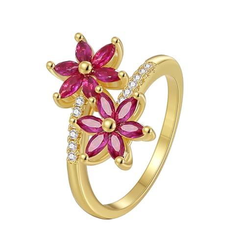 Freundschaftsringe Vergoldet, Boho Ringe Blume mit Rosenrot Marquiseschliff im Labor Hergestellter Rubin 18K Gelbgold Größe 61 (19.4) von Aotiwe