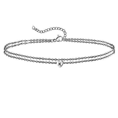 Fußschmuck Silber, Anklet Bracelet Women Doppelkette mit Herz und Buchstabe K Längliches Kabel Kette Edelstahl 30cm von Aotiwe