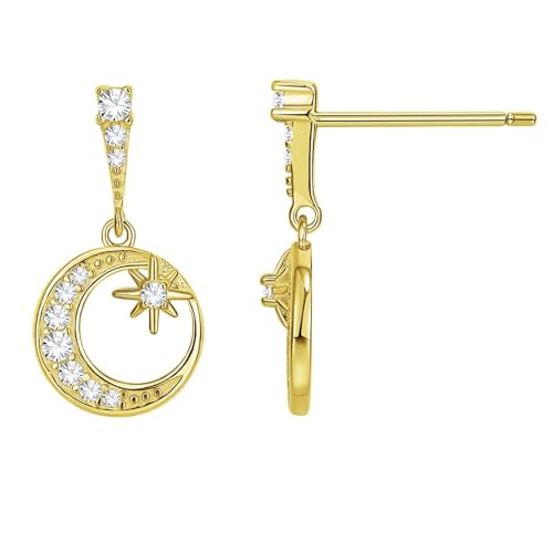 Hänge Ohrringe Gold Set, Ohrringe Damen Boho Style Stern und Mond Earrings for Women mit Weiß Rundschliff Zirkonia 925 Silber von Aotiwe