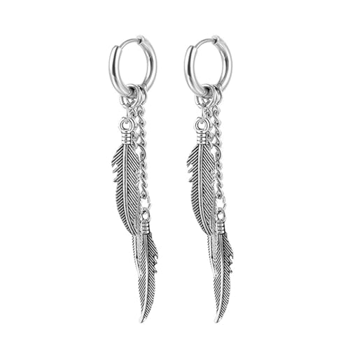 Hoop Earrings For Women, Silver Hoop Earrings Reifen mit Feder Edelstahl Ohrringe Damen Boho Style von Aotiwe