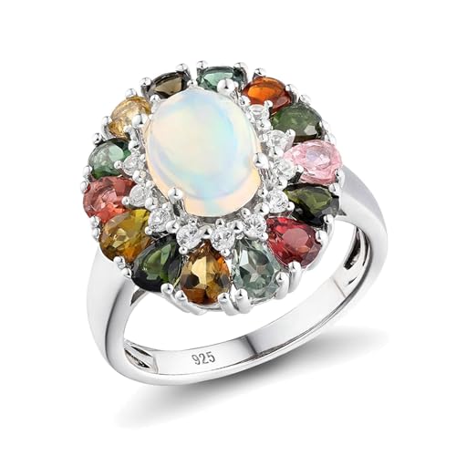 Knuckle Ring, Eheringe Deko Hochzeit Blume mit Opal und Turmalin Silber 925 Silber Größe 61 (19.4) von Aotiwe