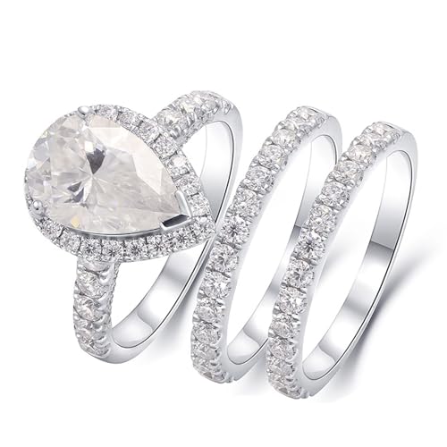 Ring Damen Zierlich, Eheringe Frauen 3 Stück Wassertropfen 14K Weißgold mit Weiß Moissanit Größe 45 (14.3) von Aotiwe