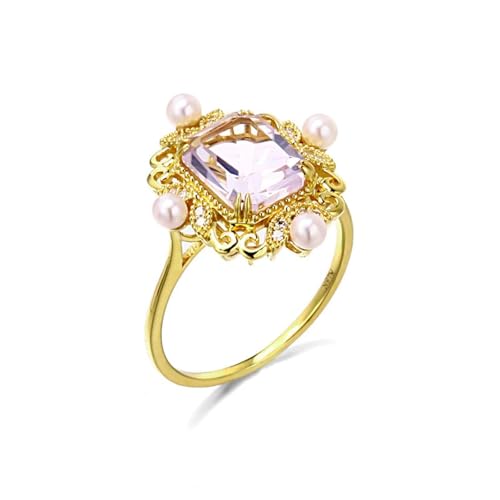 Ring Frauen Minimalistisch, Ring Damen Silber Blume mit Lila Rechteckigem Kristall 18K Gelbgold Größe 45 (14.3) von Aotiwe