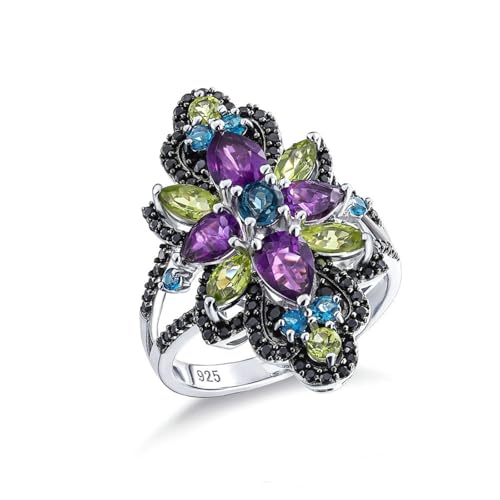 Verlobungsring Damen Fantasy, Silber Ringe Damen Set Blume mit Amethyst und Peridot 925 Silber Größe 49 (15.6) von Aotiwe