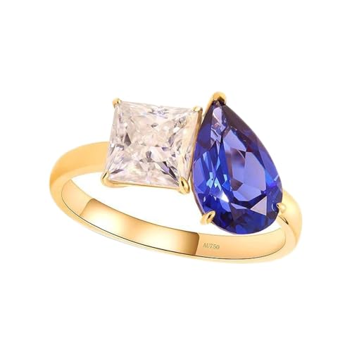 Zarter Ring, Freundschaftsringe Damen Wassertropfen 7x11mm 3ct Blauer Saphir und Quadratischer Moissanit Gold Blau 18K Gelbgold Größe 50 (15.9) von Aotiwe
