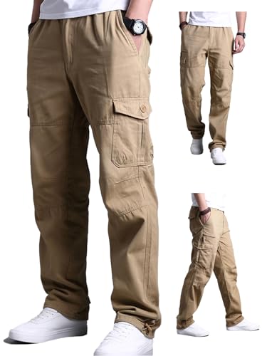 Aotoyou Cargohose Herren Baumwolle Cargo Hose Lange Freizeithose mit 7 Taschen und Elastische Taille Outdoorhose Wanderhose, Kaki XXL von Aotoyou