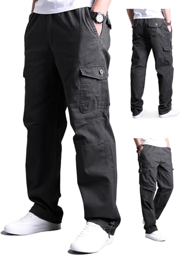 Aotoyou Cargohose Herren Baumwolle Cargo Hose Lange Freizeithose mit 7 Taschen und Elastische Taille Outdoorhose Wanderhose, Grau M von Aotoyou