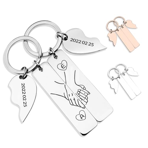 Aotoyou Partner Liebes Geschenk, Schlüsselanhänger Herz im 2er Set Personalisiert mit Edler Datum & Namen Gravur, Individuell Edelstahl Anhänger Geschenke für Paar von Aotoyou