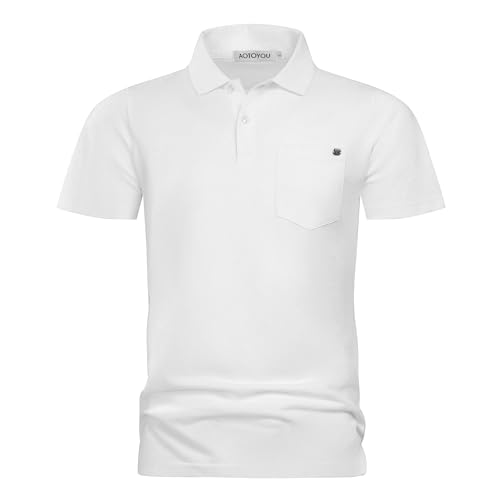Poloshirt Herren Kurzarm Golf Polohemd Polo Shirt Hemd mit Brusttasche 100% Baumwolle Basic Sport T-Shirt Männer Weiß L von Aotoyou